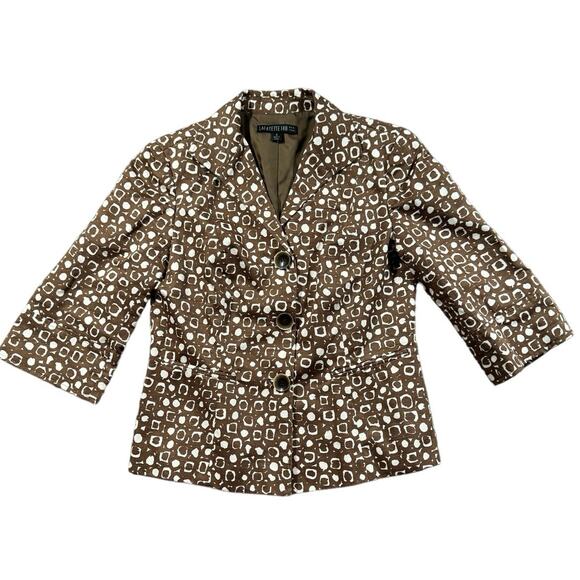 Lafayette 148 Blazer Women's Size 4 Brown Ivory Jacket 3/4 Sleeve Button Cotton - Picture 1 of 11
